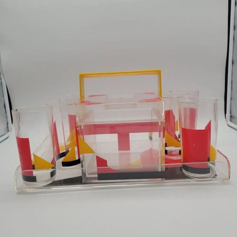 VTG 10pc Acrylic Art Deco Ice Bucket High Ball Tumblers &‎ Serving Tray